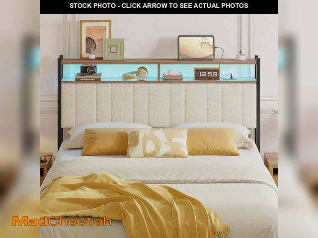 Lot 74-14070893 - Pinmoco Headboard for Queen Size Bed with Storage, Linen Upholstered Headboard with LED &amp; USB Ch...