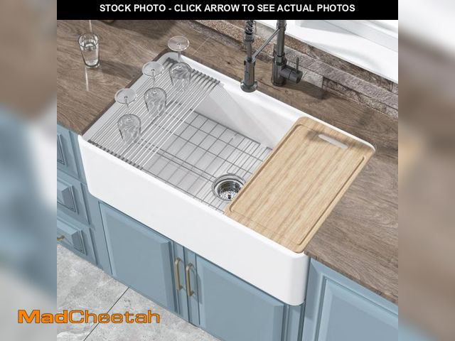 Lot 74-12161162 - HOMLYLINK White Farmhouse Workstation Sink 33 x 20 Inch, Firecaly Apron Front Undermount Farm Sink, ...