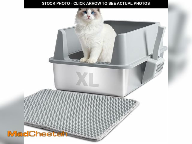 Lot 74-14068477 - XL Stainless Steel Litter Box with Lid, Extra Large High Sided Metal Cat Litter Box with Mat and Sco...