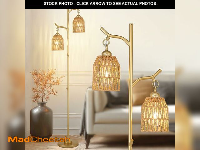 Lot 74-13625549 - Haolaike Boho Floor Lamp 2 Light Farmhouse Rattan Tall Floor Lamp for Living Room, Foot Switch, Vint...