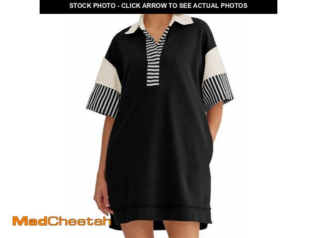 Lot 74-12461098 - Wenrine Women's Polo V Neck T Shirt Dress Casual Summer Oversized Color Block Short Sleeve Sweatshir...