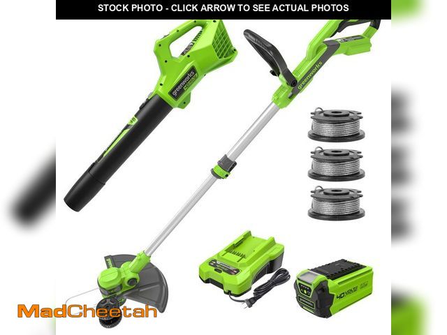 Lot 74-12693952 - Greenworks 40V 13-Inch Cordless String Trimmer/Edger and Leaf Blower Combo Kit + 3 Bonus Spools, 2.0...