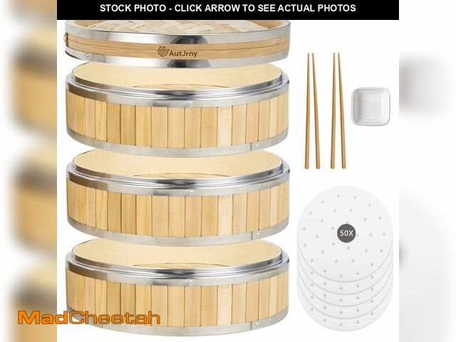 Lot 74-13566443 - AutJrny 9.5-Inch Vertical Bamboo Steamer Basket, 3-Tier with Stainless Steel Rings | 50 Liners, Sauc...