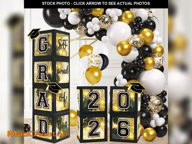 Lot 74-14146403 - DAZONGE 2026 Graduation Decorations Black and Gold - Set of 4 Grad Boxes with 139pcs Balloon Arch Ga...