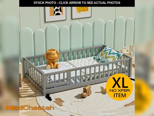 Lot 74-12786271 - i-POOK Twin Floor Bed for Children, Sturdy Wood Montessori Bed Frame with Wood Slats, Fence &amp; Do...