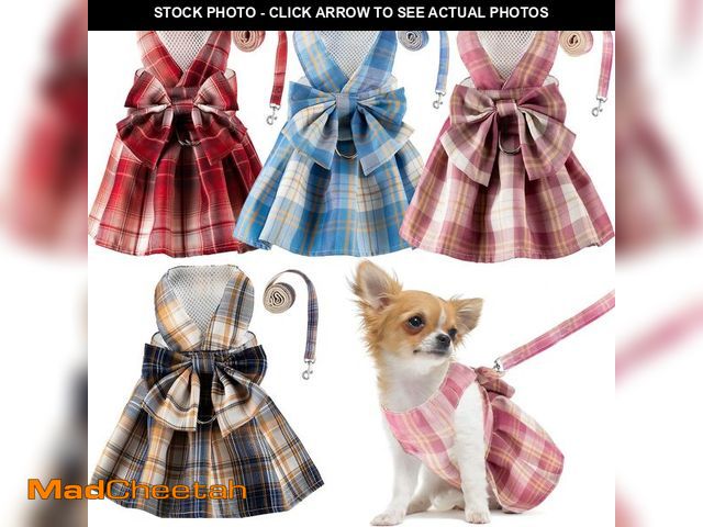 Lot 74-12458005 - Potchen 4 Pcs Cute Plaid Dog Dress Set with Bow Tie Harness &amp; Leash for Small Dogs, Puppy Clothe...