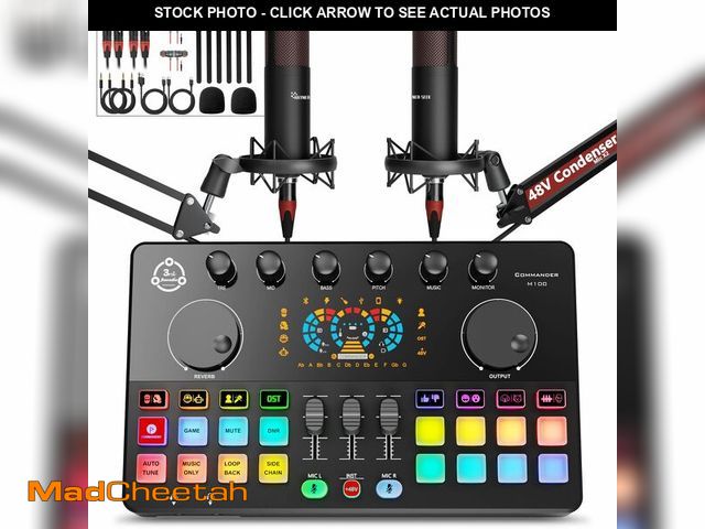 Lot 74-12964408 - Podcast Equipment Bundle for 2, Audio Interface DJ Mixer with 48V XLR Condenser Microphone, RGB,Voic...
