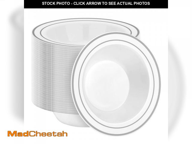 Lot 74-12433612 - BESTSTAR 100 Pack Disposable Soup Bowls with Silver Rim, 12oz Premium Heavy Duty Plastic Dinner Bowl...