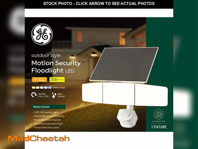 Lot 74-12789472 - GE Outdoor Security Flood Lights, Adjustable 3-Head Light with Motion &amp; Dusk to Dawn Sensor, Sol...