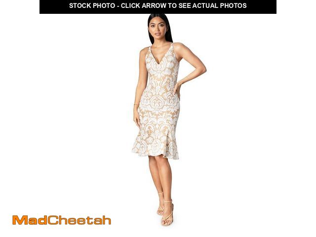 Lot 74-14296378 - Dress the Population Womens Isabelle V-Neck Neckline, Bodycon Silhouette with A Ruffled Hem Midi, Wh...
