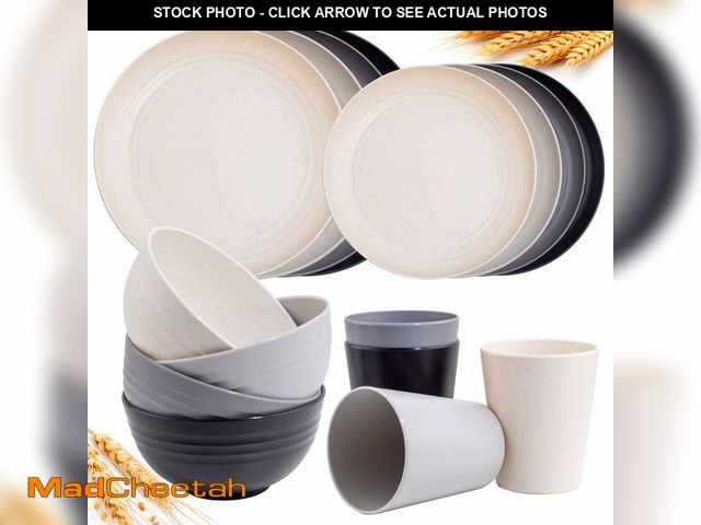 Lot 74-12441820 - Rubtlamp Wheat Straw Dinnerware Sets, 16PCS Plastic Dinnerware Set for 4, Wheat Straw Plates and Bow...