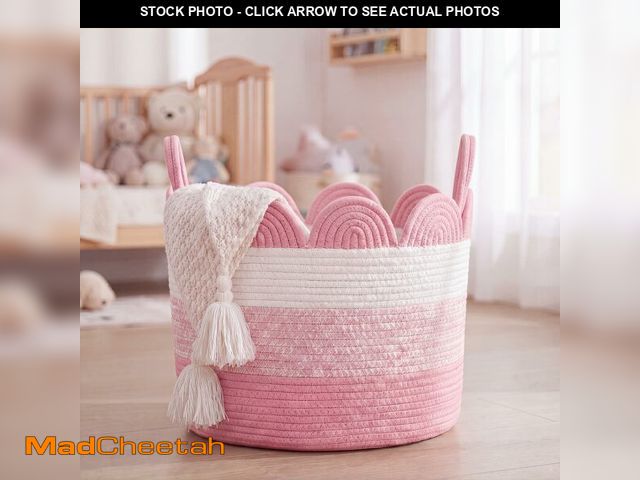 Lot 74-14472636 - Acellegic Pink Scalloped Woven Basket 25 L Large Cotton Rope Basket with Handle for Toy Blanket Gift...