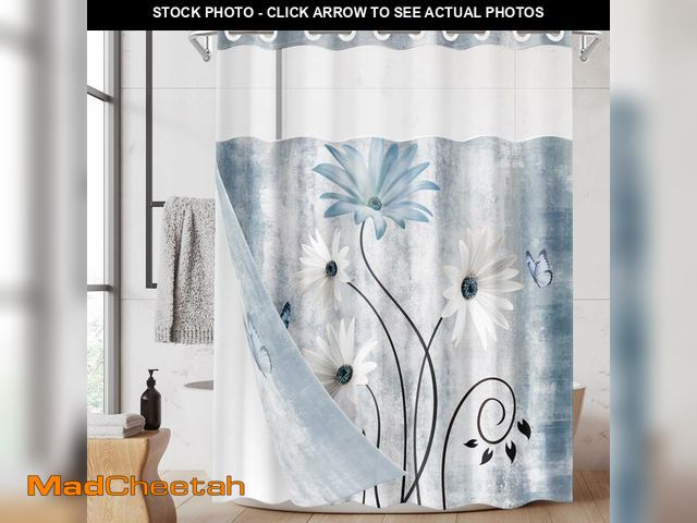 Lot 74-12457011 - Nesphy No Hook Rustic Farmhouse Shower Curtain with Snap in Fabric Liner Set, Blue Daisy Flowers and...