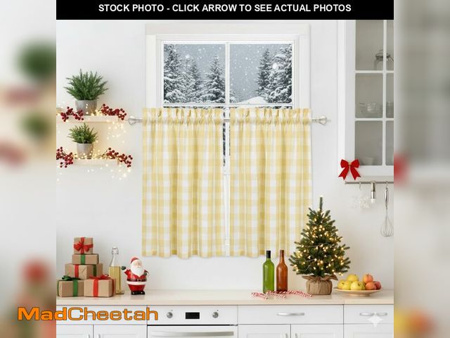 Lot 74-12709629 - Bapawfish Yellow White Autumn Cafe Kitchen Curtains 45 Inches Length, Buffalo Plaid Pattern Short Ba...
