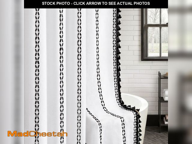 Lot 74-14383342 - NDDYCU Black and White Boho Shower Curtain Farmhouse Linen Striped Fabric with Tassels, 72 X 72 - US...