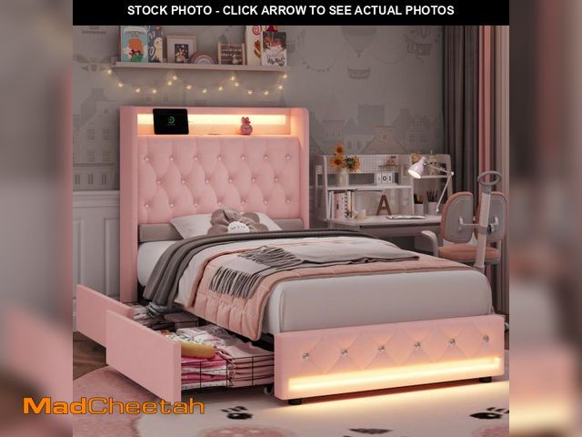 Lot 74-14608555 - Homfa Pink Twin Bed Frame with Light &amp; Charge Station, Upholstered Bed with Storage Drawer, LED ...