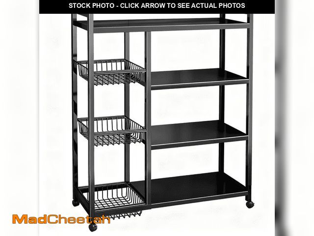 Lot 74-14355222 - MOONXIAN Movable Wire Rack, Heavy-Duty 4-Tier Storage Shelf with 3 Baskets and Wheels, Metal Shelves...