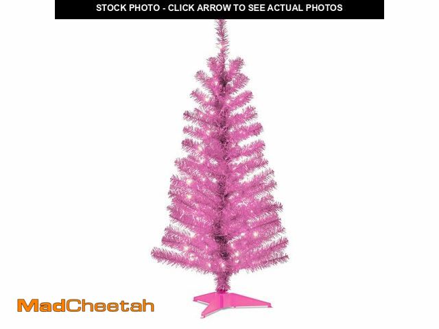 Lot 74-13059493 - National Tree Company Pre-Lit Artificial Christmas Tree, Pink Tinsel, White Lights, Includes Stand, ...