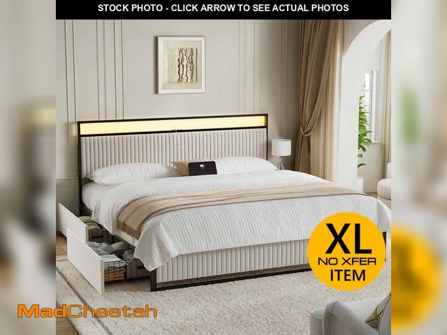 Lot 74-12645492 - GUNAITO King Bed Frame with Headboard, Platform Bed with 2 Drawers, Velvet Upholstered Bed Frame wit...