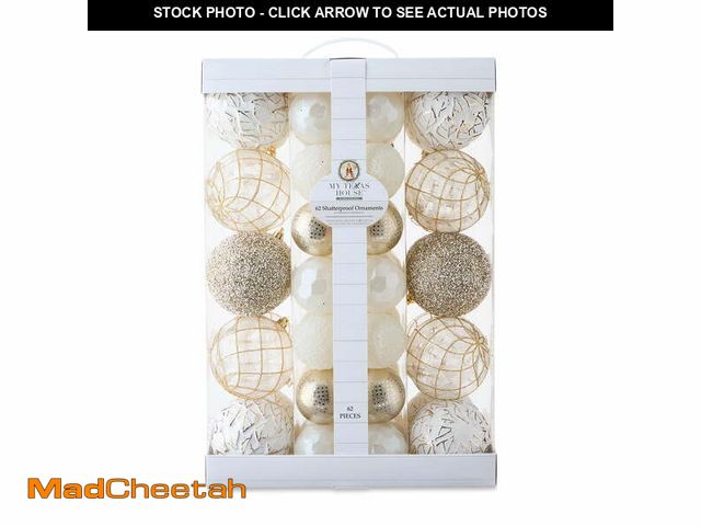 Lot 74-12886583 - 62 Count White and Gold Shatterproof Christmas Ornaments, by My Texas House - UNUSED