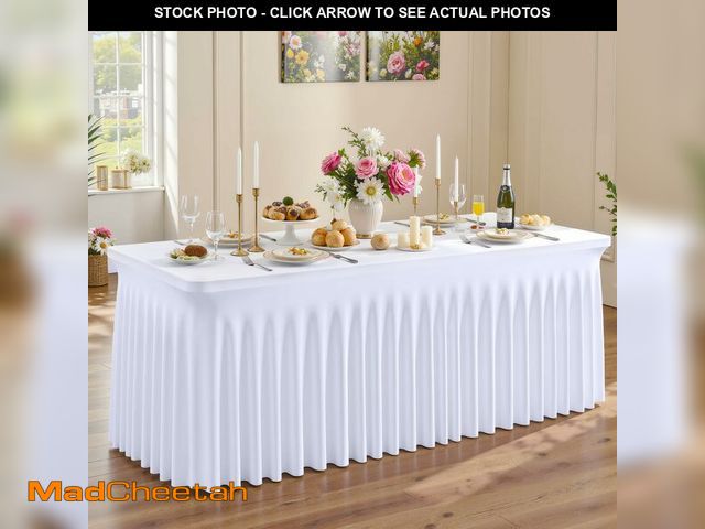 Lot 74-14265125 - Besutolife White Spandex Tablecloth with Skirt for 4ft Rectangle Tables - Wrinkle-Resistant, Stretch...