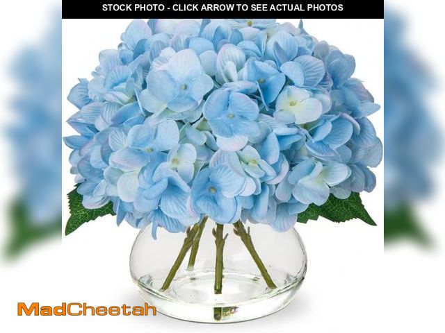 Lot 74-12327339 - Hollyone Hydrangea Artificial Flowers with Vase Blue Silk Fake Flowers Arrangements in Glass Vase wi...