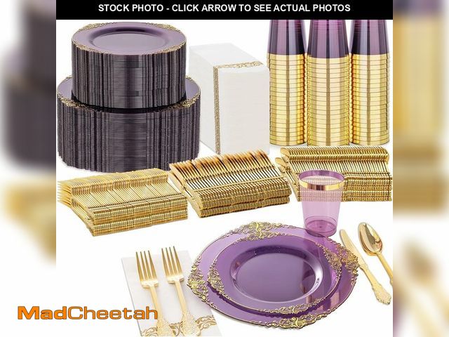 Lot 74-13584111 - Nervure 350PCS Purple Plastic Plates - Purple Plastic Dinnerware Sets for 50 Guests - 100 Disposable...