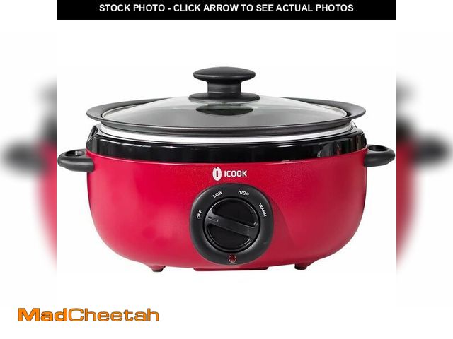 Lot 74-13331477 - ICOOK USC-65-OP001RD 6.5 Quart Slow Cooker,Aluminium Sear/Saute Stew Pot Stovetop safe,Dishwasher Sa...