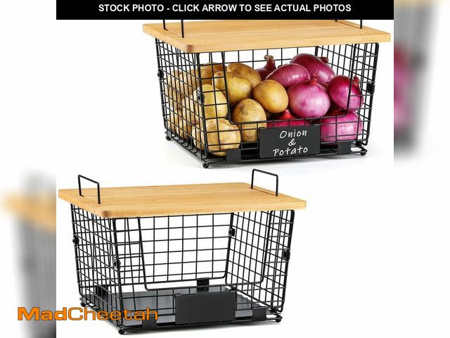 Lot 74-13946526 - 2 Set XXL Stackable Wire Basket with Bamboo Tops &amp; Tag- Pantry Organizer and Storage Bins, Kitch...