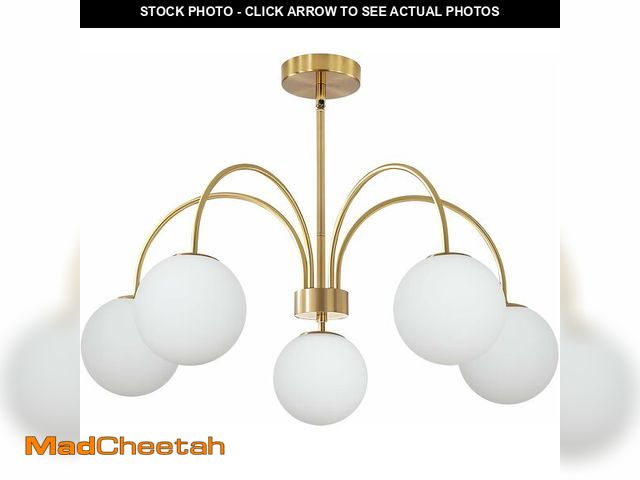 Lot 74-14347613 - BOKT Mid Century Modern Gold Chandelier Large 5 Light White Globe Sputnik Chandelier Height Adjustab...