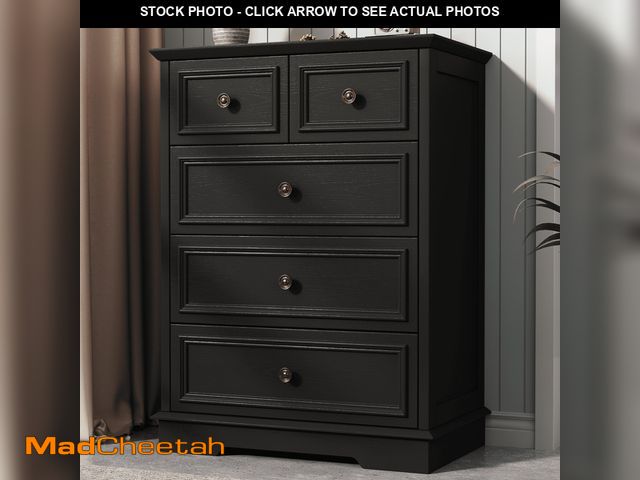 Lot 74-14585935 - IDEALSOUL 5 Drawer Dresser for Bedroom, Black Rustic Style Chest of Drawers, Retro Style 5 Drawer Dr...