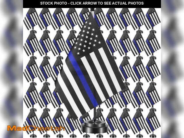 Lot 74-12307454 - Hahafelt 50 Pcs Thin Blue Police Flag Mini Small Police Office Table Flag with 12" Black Pole Police...