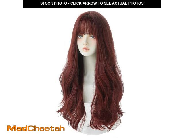 Lot 74-12052949 - URCGTSA 26 Inches Long Wavy Hair Wig for Women Natural Curly Burgundy Wig With Bangs Synthetic Heat ...