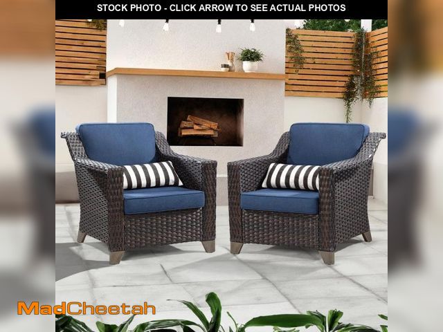 Lot 74-11995330 - Wicker Outdoor Patio Lounge Chair with Navy Blue Cushions (2-Pack) - UNUSED