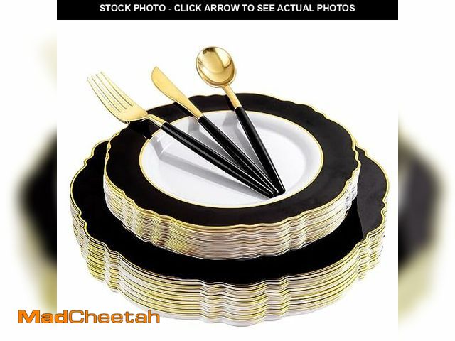 Lot 74-9368004 - WDF 30Guest Black Plastic Plates - Gold Plastic Silverware With Black Handle Baroque Black and Gold ...