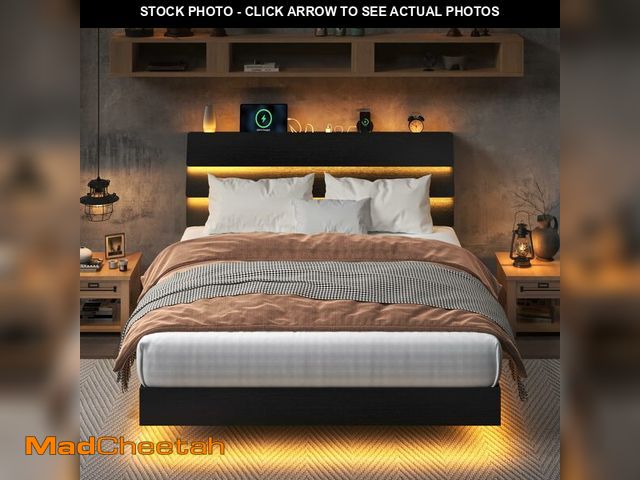 Lot 74-12785815 - Feonase Floating Bed Frame Queen Size with Led Lights and Charging Station, Wood Queen Bed Frame wit...