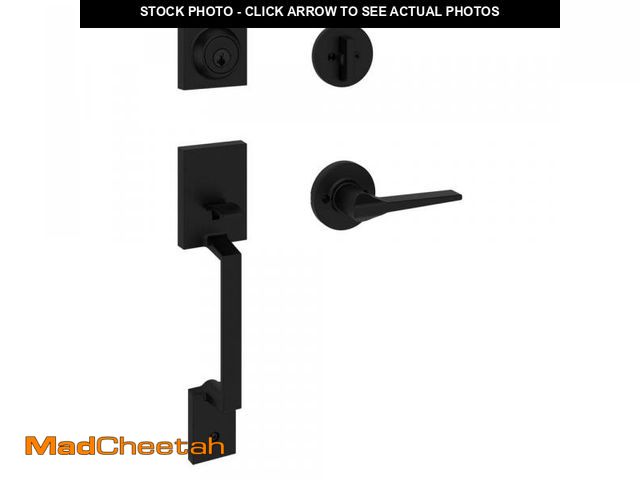 Lot 74-12390543 - Kwikset Amador Matte Black Entry Door Handleset with Round Rose Hollis Handle Featuring SmartKey Sec...