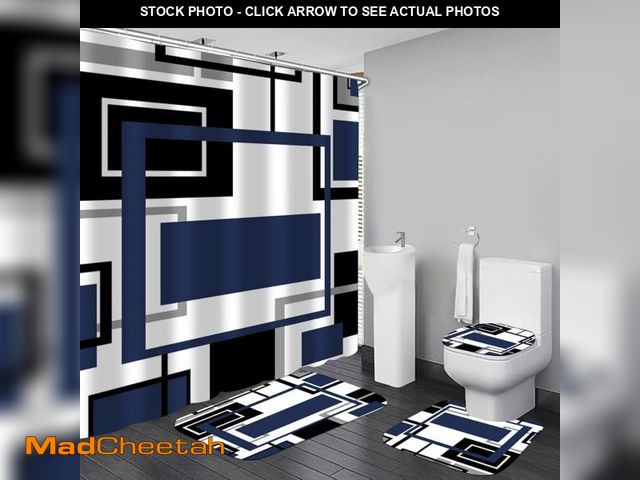 Lot 74-12053420 - Yddsky 4 Pcs Blue Geometric Shower Curtain Sets with 12 Hooks Non-Slip Rugs U-Shaped Bath Mat, Toile...