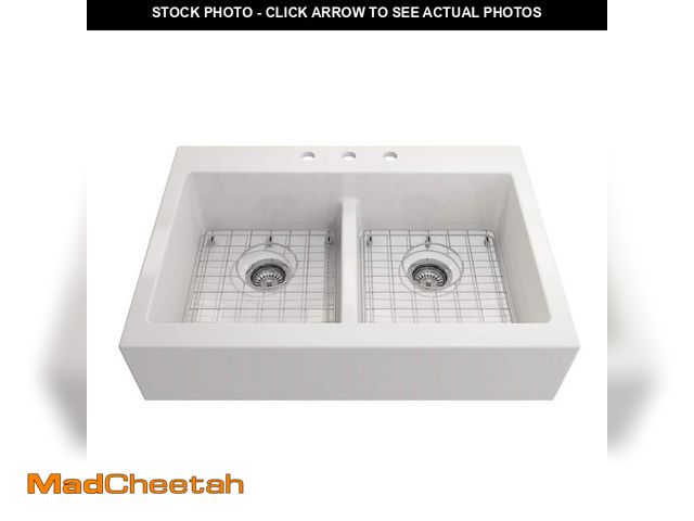 Lot 74-13770473 - Glacier Bay 34 in. Farmhouse/Apron-Front Double Bowl White Fireclay Kitchen Sink with Bottom Grid - ...