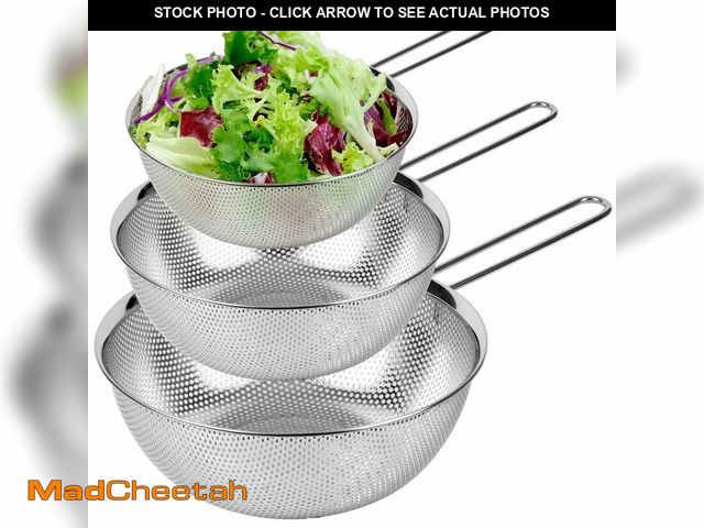 Lot 74-12970839 - COMPORT K Premium 18/8 304 Stainless Steel Strainer Set of 3 with Long Handle, Micro-Perforated Cola...