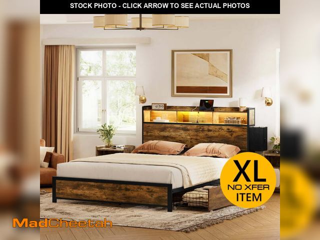 Lot 74-12578213 - GUNAITO Queen Bed Frame with Storage Headboard, 2 Drawers Platform LED Bed Frame with USB Ports &amp...