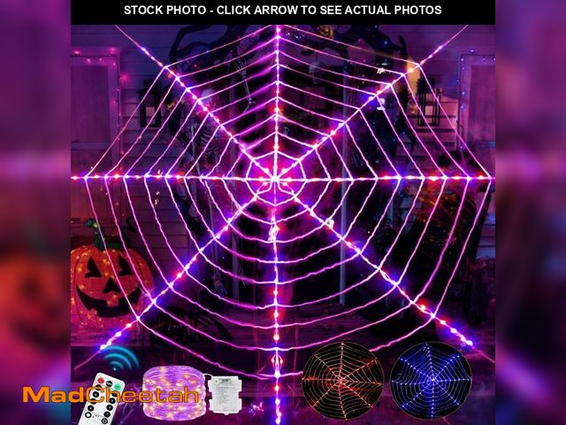 Lot 74-12977802 - Sinranac 144 LED Halloween Spider Web Lights Decor, Net Light Decoration 12Ft Giant Round Light up N...
