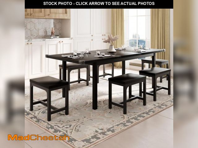 Lot 74-12195919 - Feonase 7-Piece Dining Table Set for 4-8, 63" Large Extendable Kitchen Table Set with 6 Stools, Mode...
