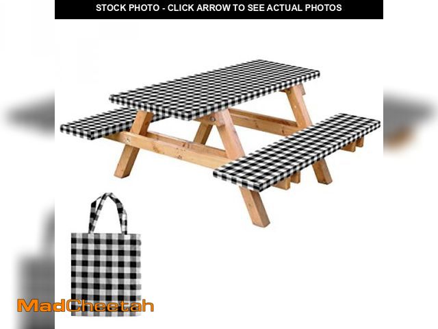 Lot 74-12331204 - RNOONY Vinyl Fitted Picnic Table Cover with Bench Covers and Bag, 6ft Outdoor Waterproof Windproof T...