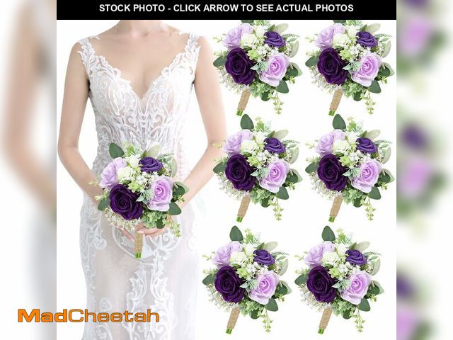 Lot 74-12976832 - Purple Bridesmaids Bouquets Set of 6 - 7 Inch Artificial Flowers Bridesmaid Bouquet for Wedding Pre-...