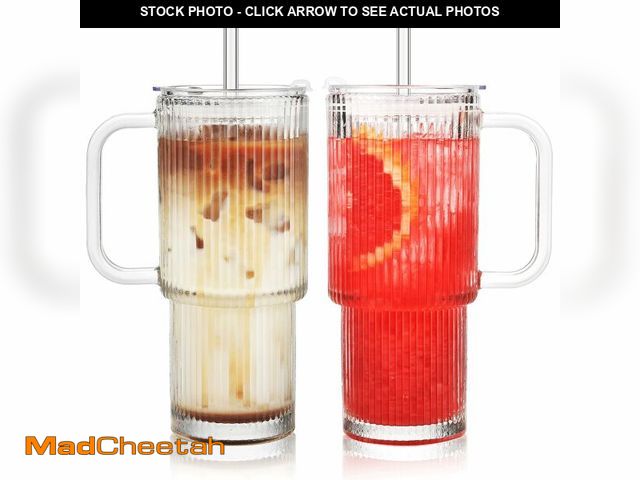 Lot 74-12708365 - 26 oz Ribbed Glass Tumbler with Handle Lid and Straw, 2 Pack Ripple Large Iced Coffee Cups with Stra...