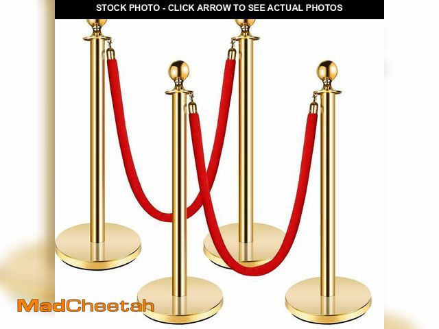 Lot 74-12779731 - DIYMAG Stainless Steel Stanchion Post,5 FT Red Carpet Ropes and Poles,4 Pcs Gold Stanchions with Red...