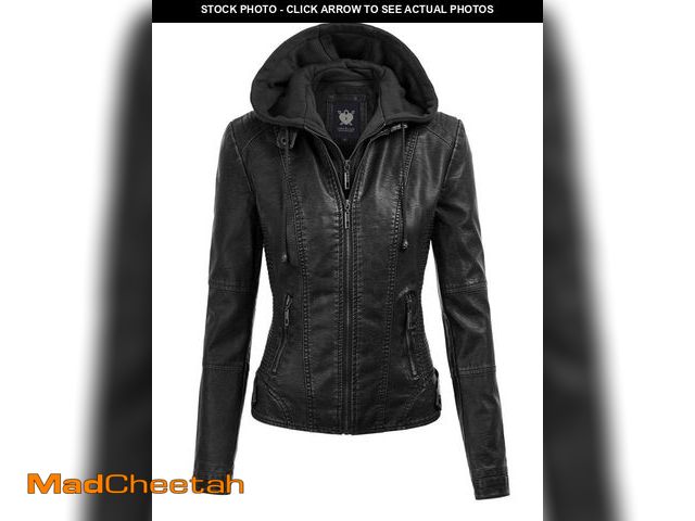 Lot 74-12217924 - Lock and Love LL WJC1044 Womens Faux Leather Quilted Motorcycle Jacket with Hoodie XL Black - USED