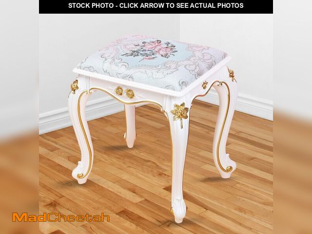 Lot 74-13574614 - Small Vanity Stool, Upholstered Makeup Chair for Bedroom, Lightweight PVC Bench Seat with Gold Carvi...