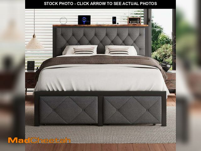 Lot 74-14241392 - iPormis Full Bed Frame with 2 Drawers, Metal Platform Bed with Charging Station and Linen Fabric Sto...